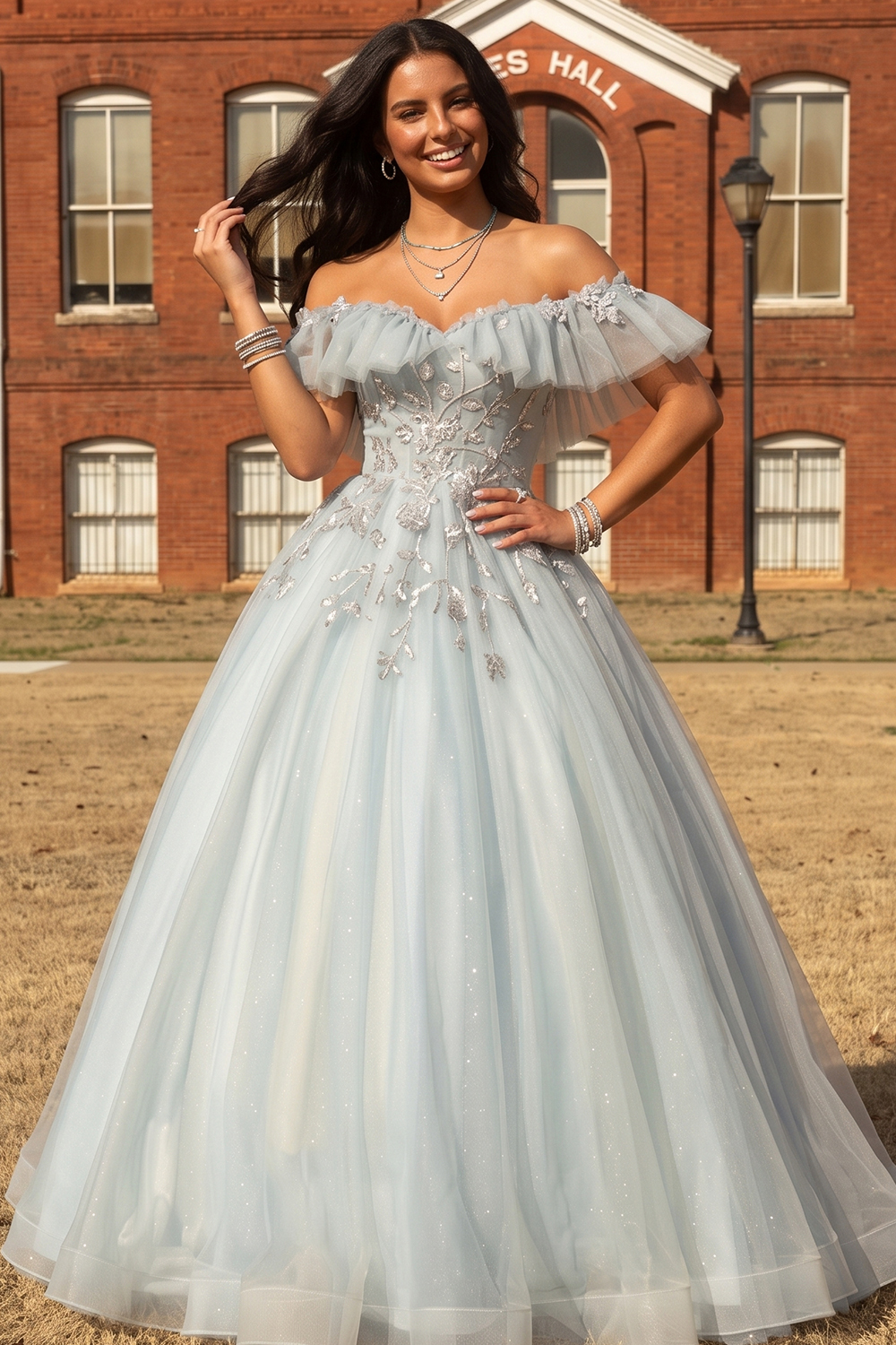 Light Green Off The Shoulder Ruffle Sleeve Ball Gown Prom Dress-chiclody