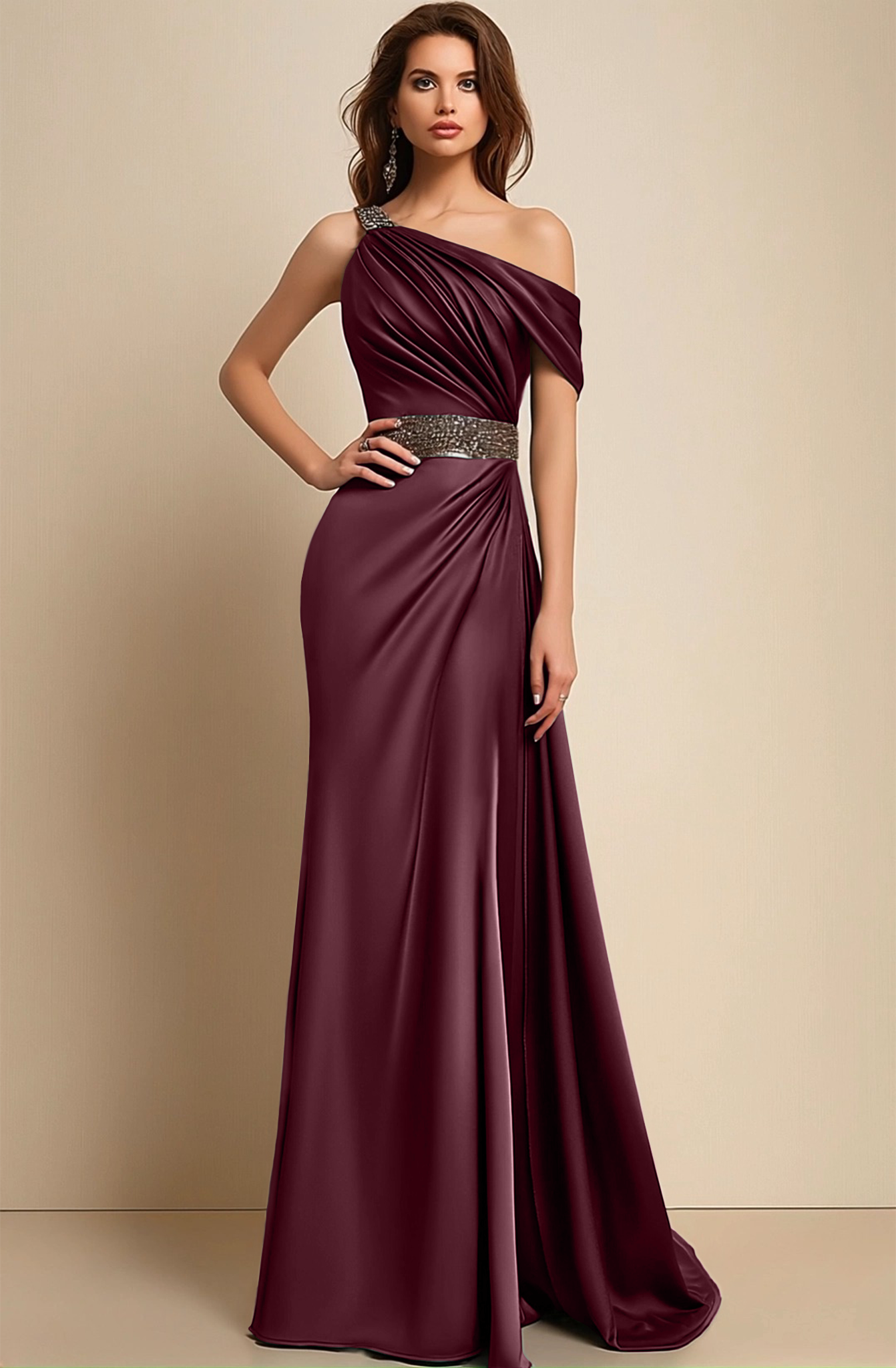 Formal Dress Green One-Shoulder Rhinestone Waist Belt Maxi Dress