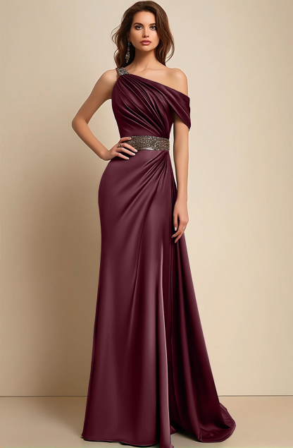 Formal Dress Green One-Shoulder Rhinestone Waist Belt Maxi Dress