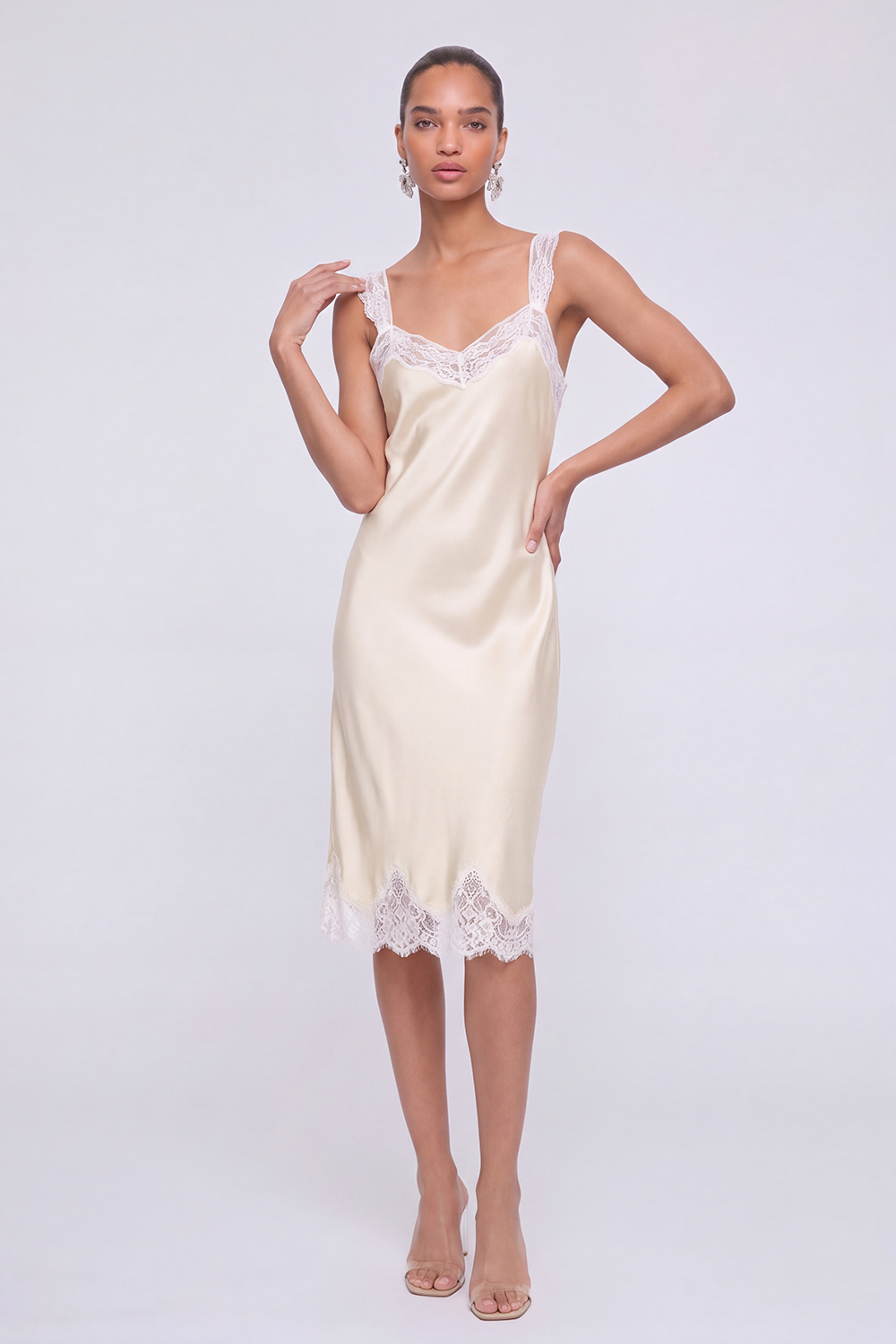 Ivory V Neck Lace Trim Midi Dress