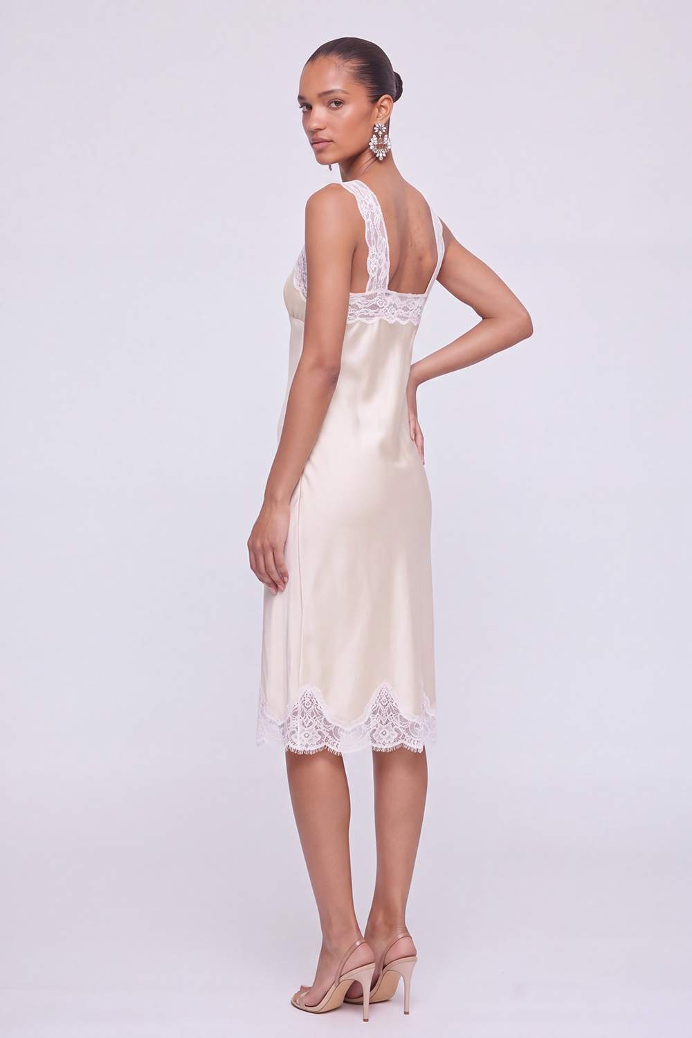 Ivory V Neck Lace Trim Midi Dress
