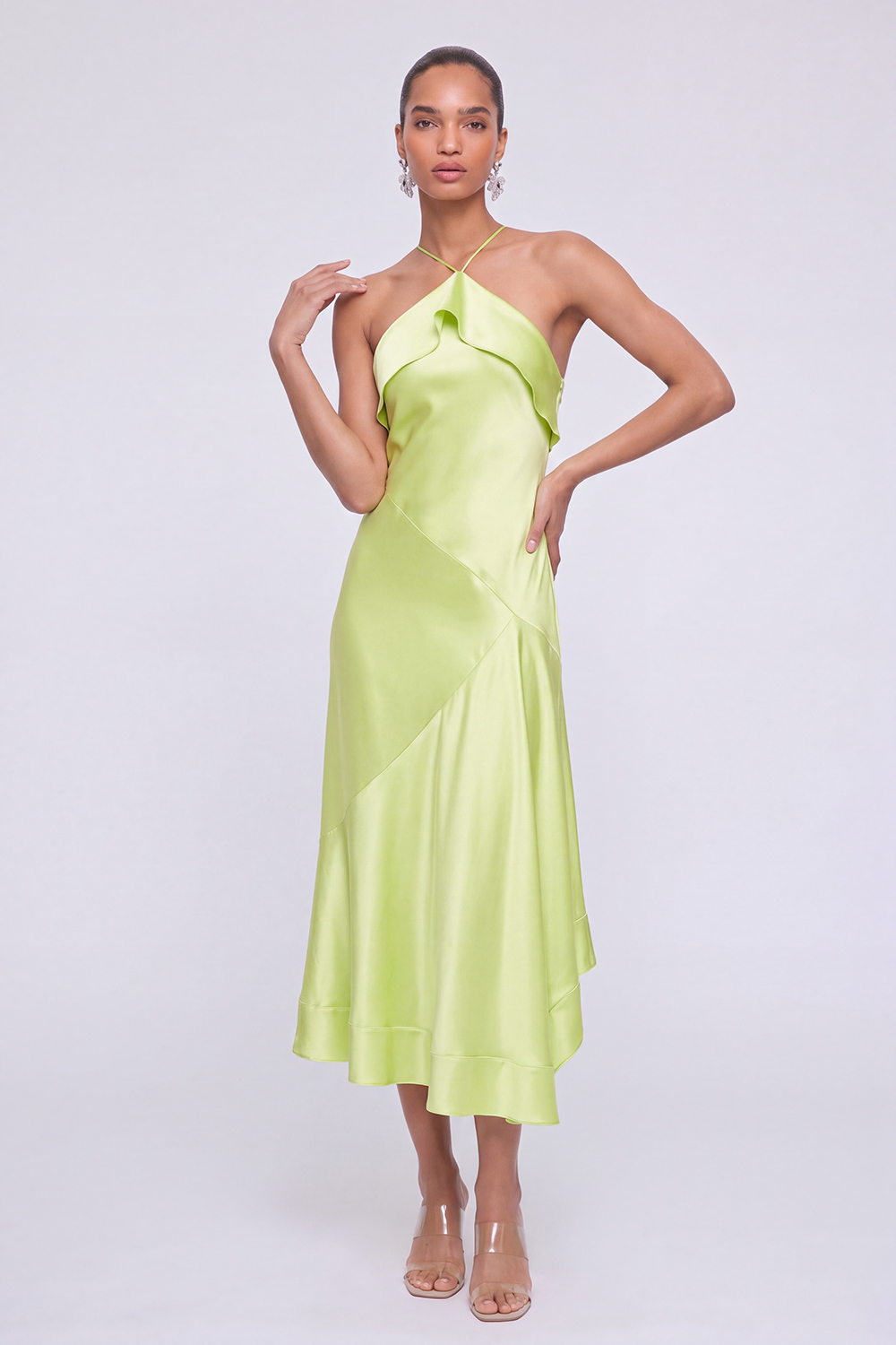 Mint Green Halter Ruffle Midi Dress-chiclody
