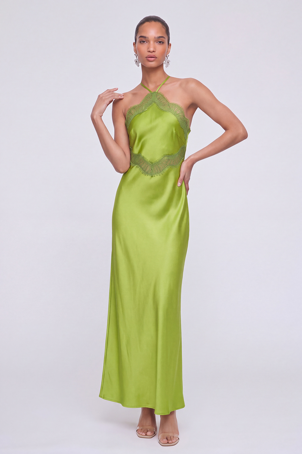 Chartreuse Halter Lace Maxi Dress