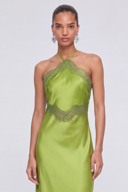 Chartreuse Halter Lace Maxi Dress