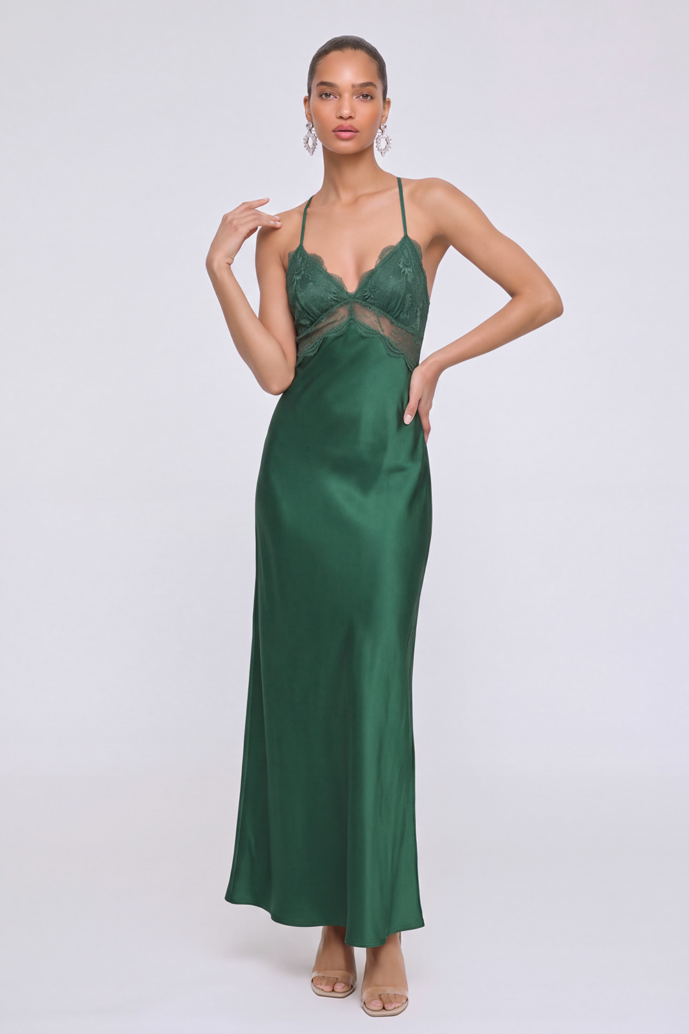 Dark Green Spaghetti Strap Lace Maxi Dress