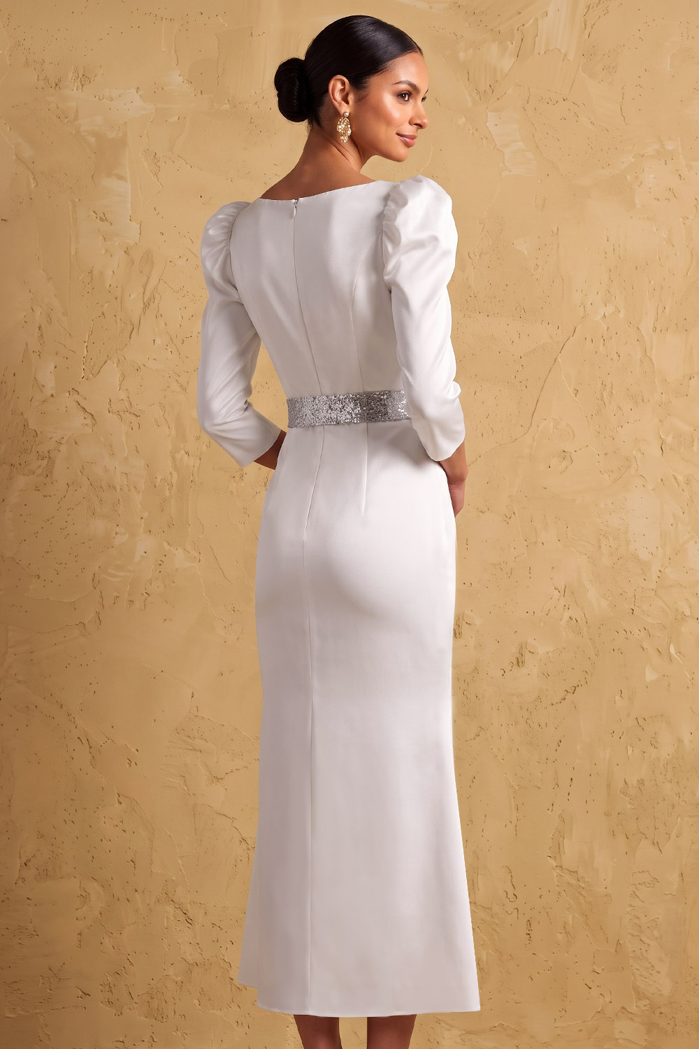 Puff Long Sleeve White Stretch Satin Midi Mermaid Formal&Evening Dress