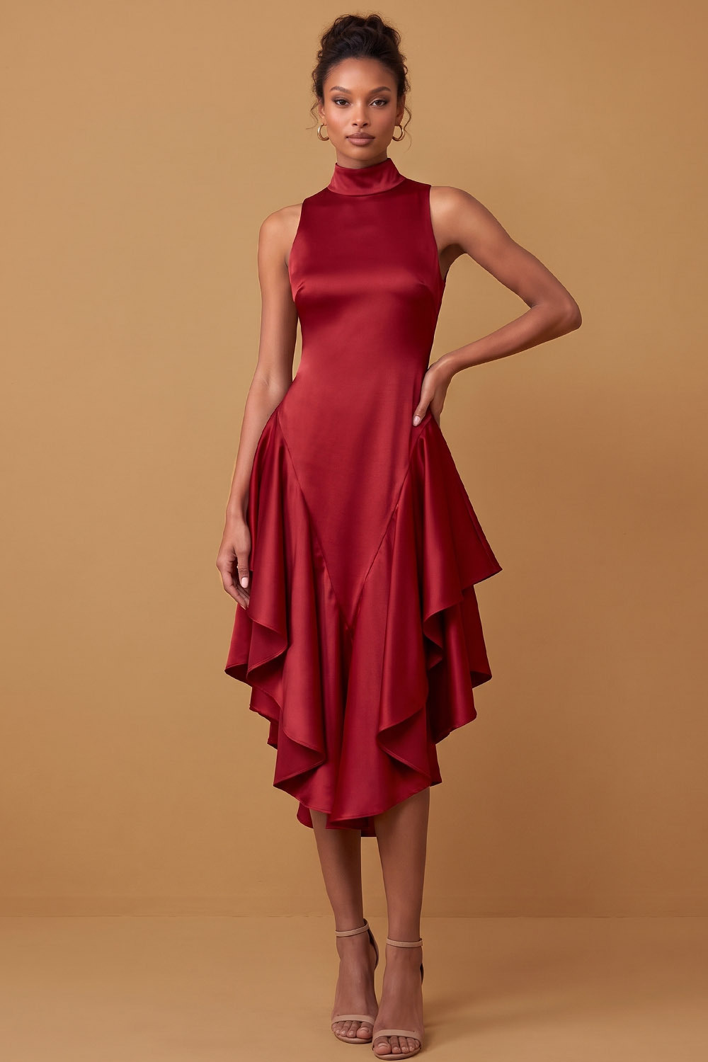 High Neck Sleeveless Red Stretch Satin Asymmetrical Ruffle Formal&Evening Dress-chiclody