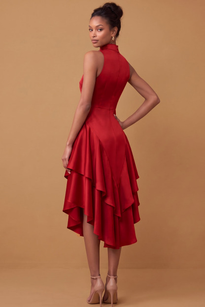 High Neck Sleeveless Red Stretch Satin Asymmetrical Ruffle Formal&Evening Dress