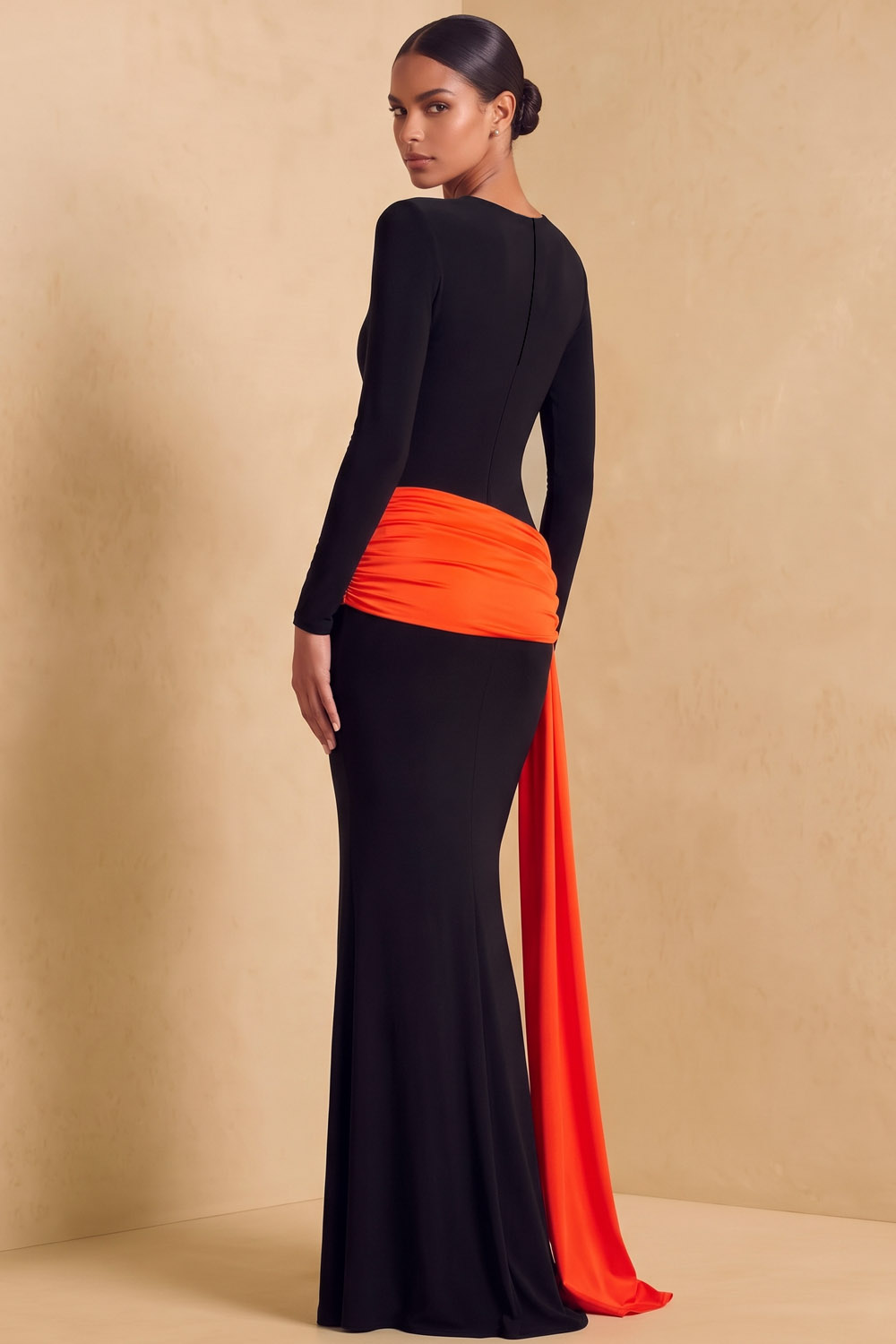 Long Sleeve Round Neck Cutout Black Orange Color Block Formal&Evening Mermaid Dress