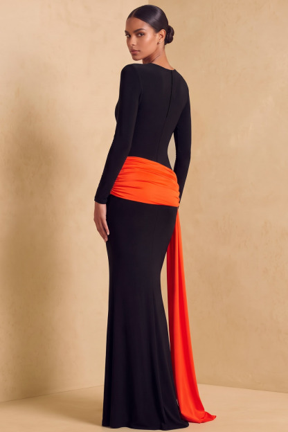 Long Sleeve Round Neck Cutout Black Orange Color Block Formal&Evening Mermaid Dress