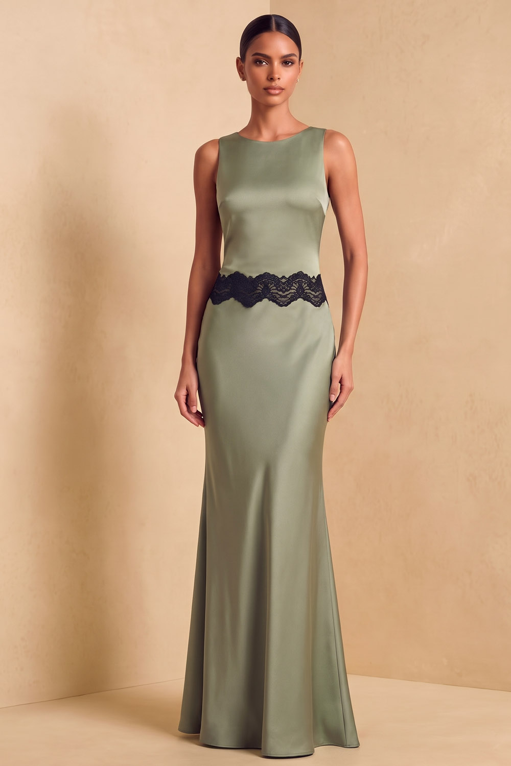 Sleeveless Lace Waist Dusty Sage Formal&Evening Mermaid Gown
