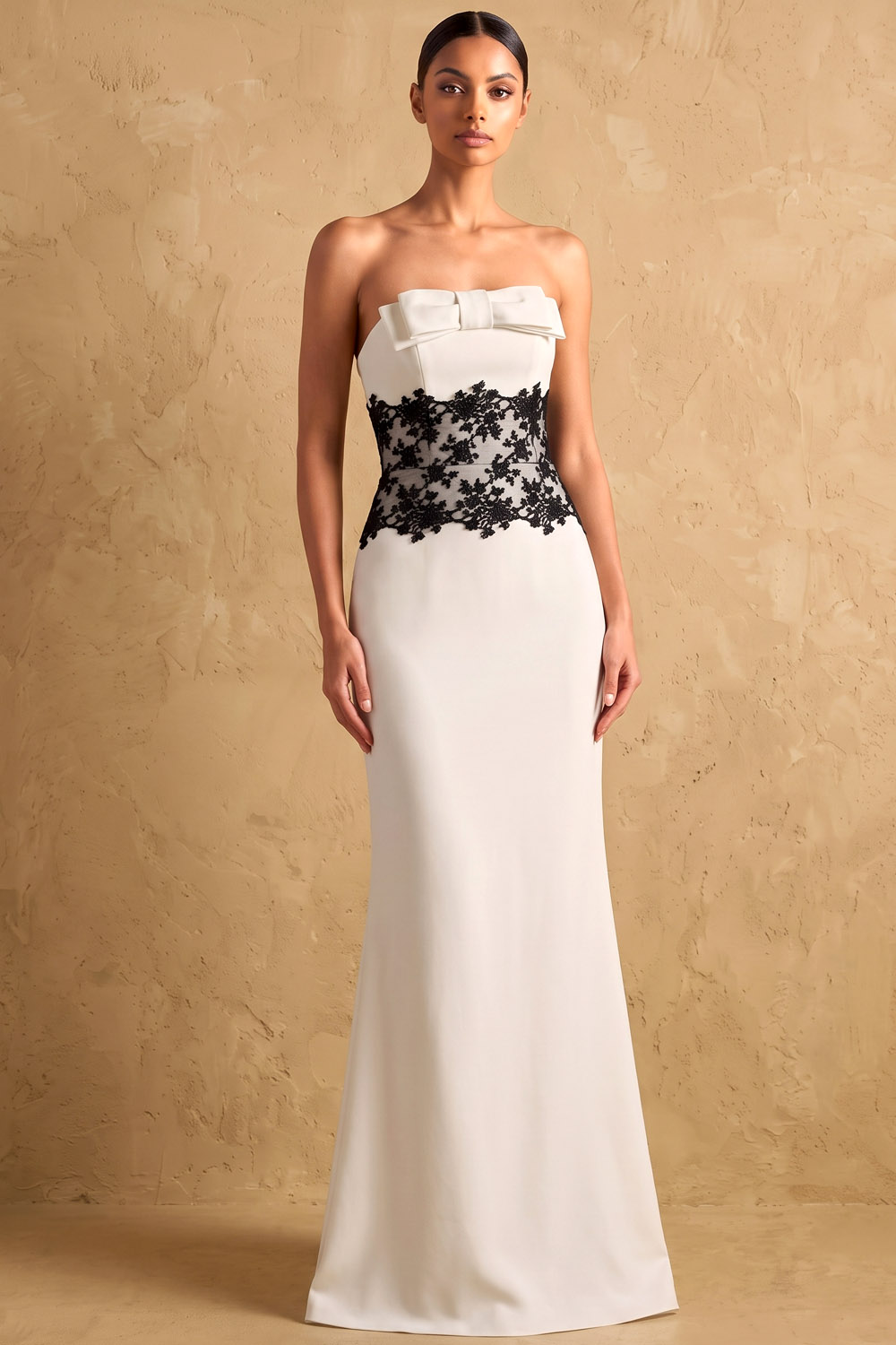 Bow Strapless White Stretch Crepe Lace Mermaid Maxi Formal Evening Dress