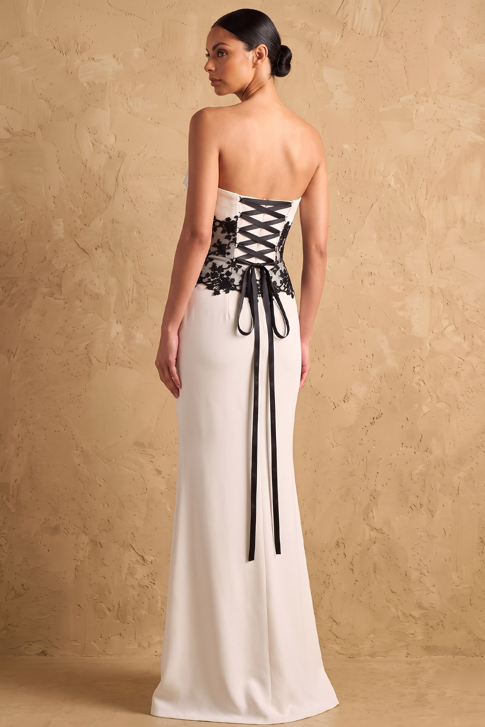 Bow Strapless White Stretch Crepe Lace Mermaid Maxi Formal Evening Dress