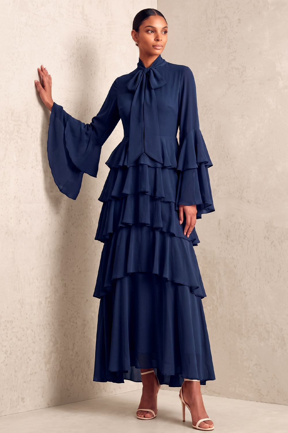 Tiered Ruffle Navy Wedding Guest Midi Dress-chiclody
