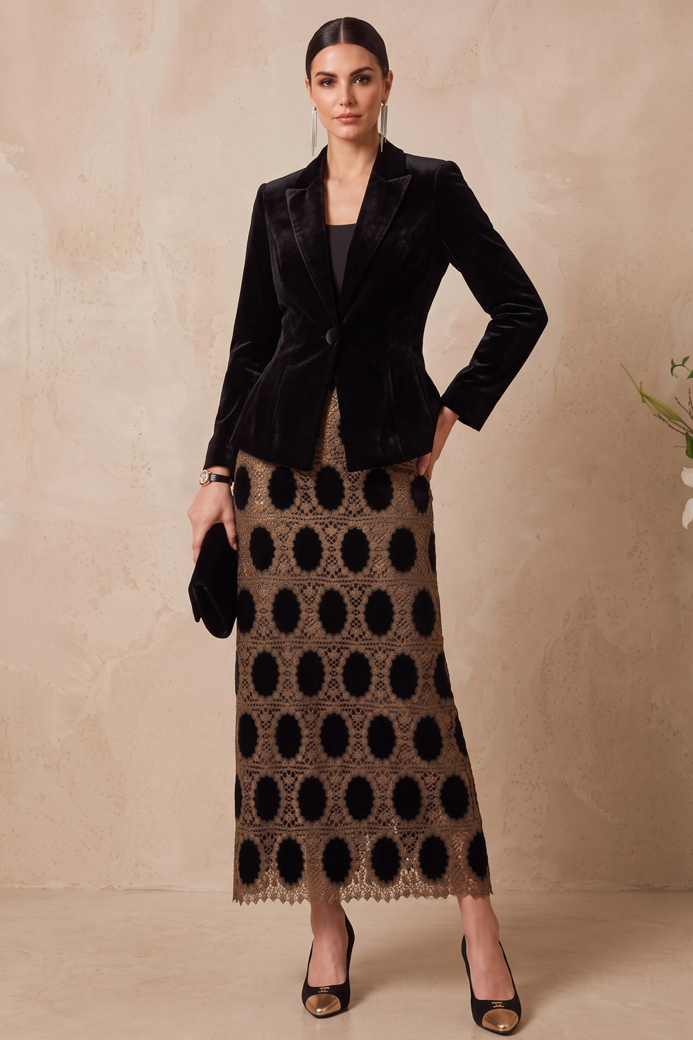 Black Velvet Lace Maxi Skirt Suit Set