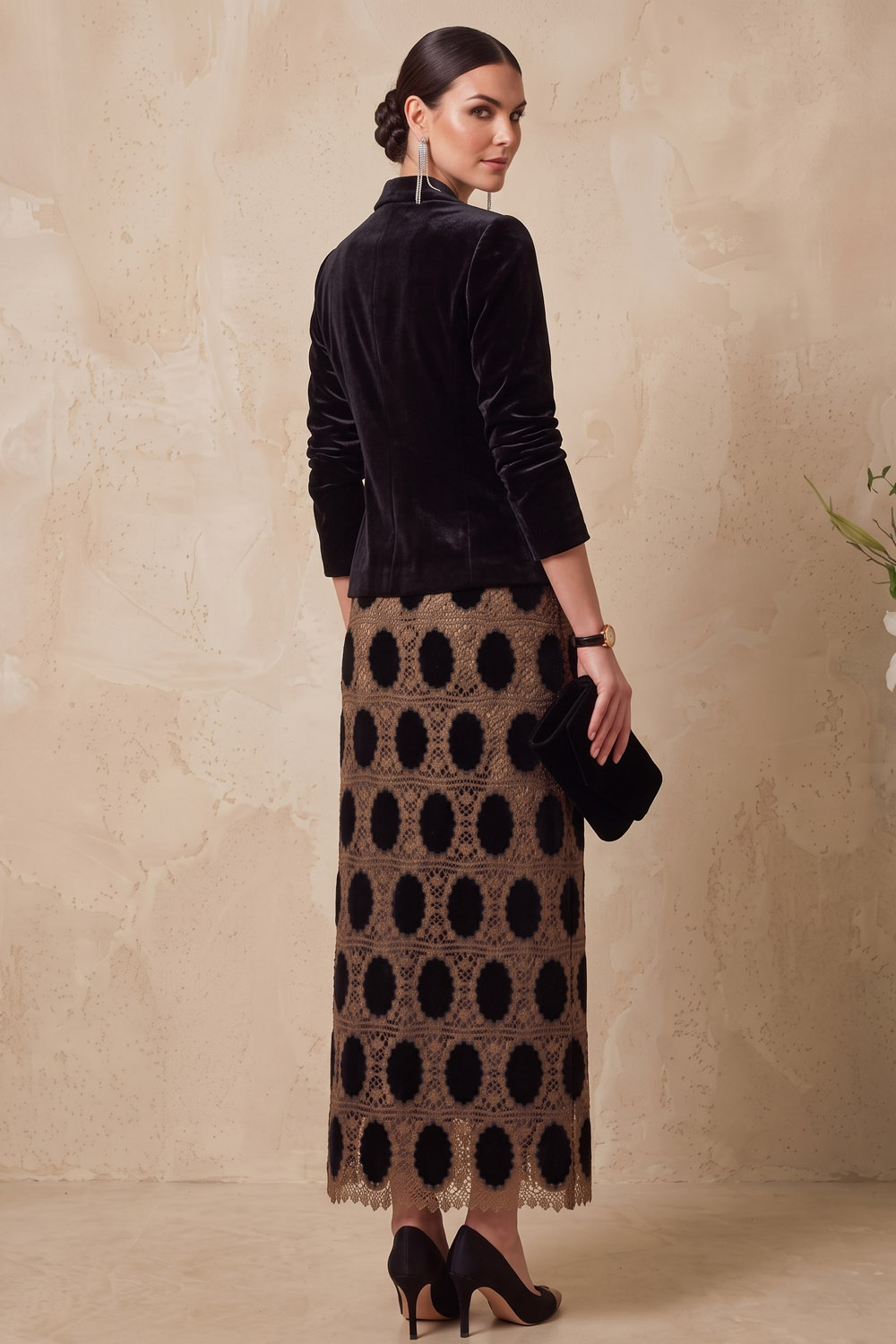 Black Velvet Lace Maxi Skirt Suit Set