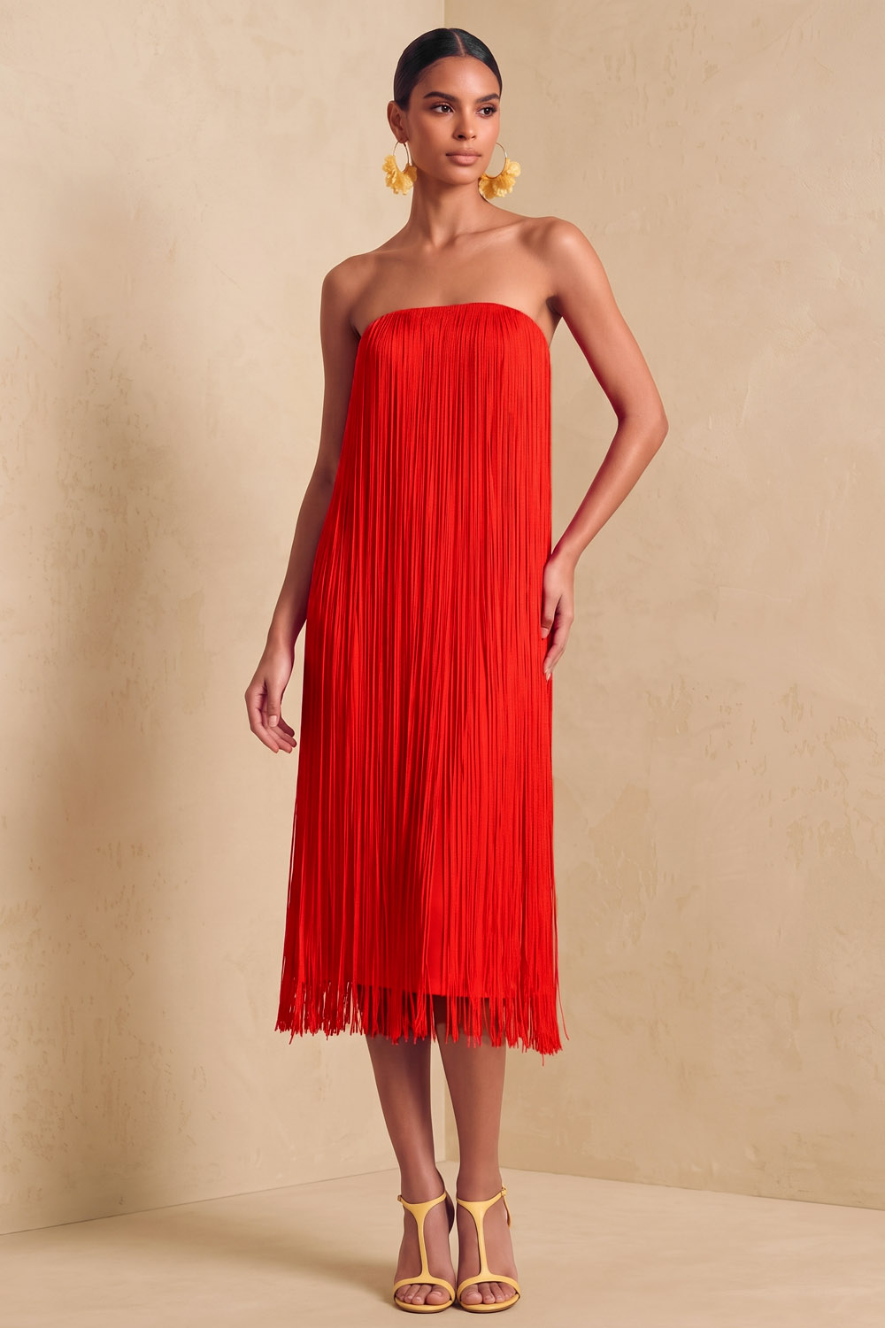 Red Strapless Fringe Midi Formal Evening Dress