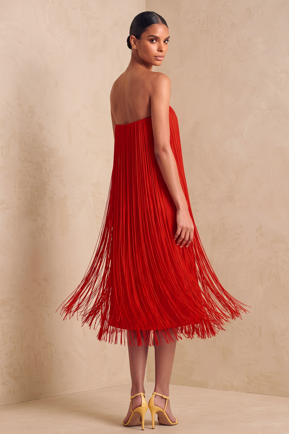 Red Strapless Fringe Midi Formal Evening Dress