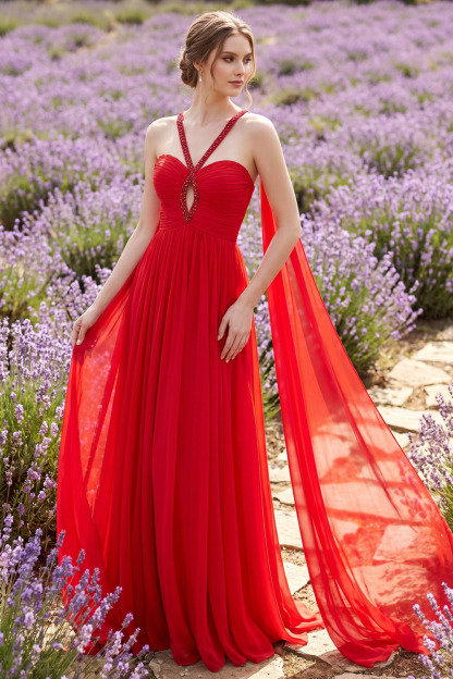 Red Prom Chiffon Maxi Dress with Rhinestone Straps Cape Back Keyhole Cutout