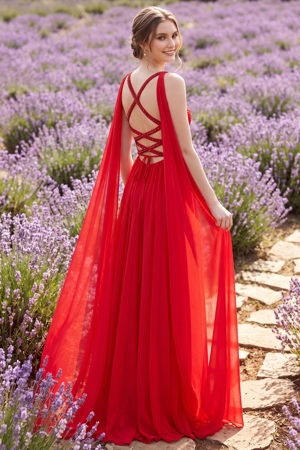 Red Prom Chiffon Maxi Dress with Rhinestone Straps Cape Back Keyhole Cutout