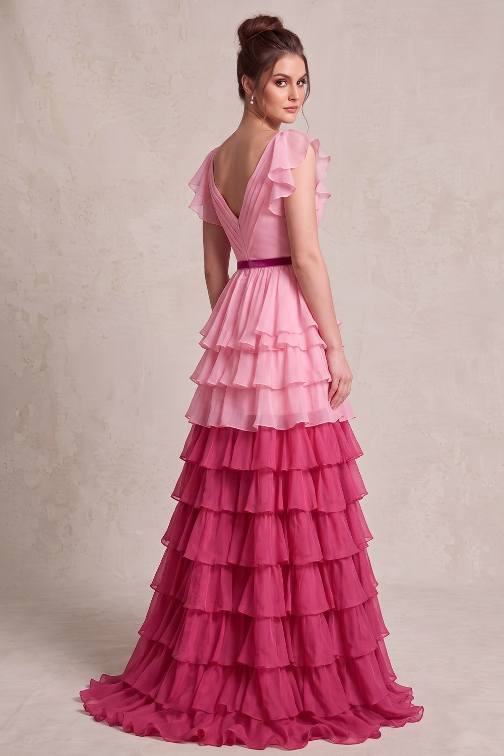 Pink V Neck Ruffle Sleeve Ombre Tiered Chiffon Prom Dress