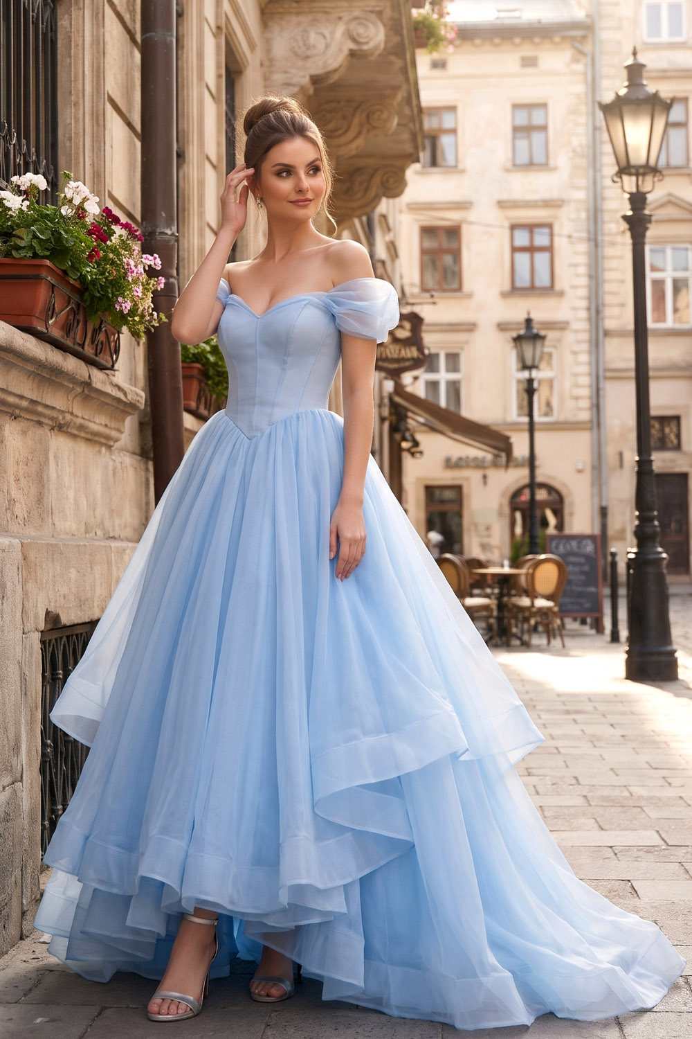 Blue Off Shoulder Puff Sleeve Organza A Line Prom Dress