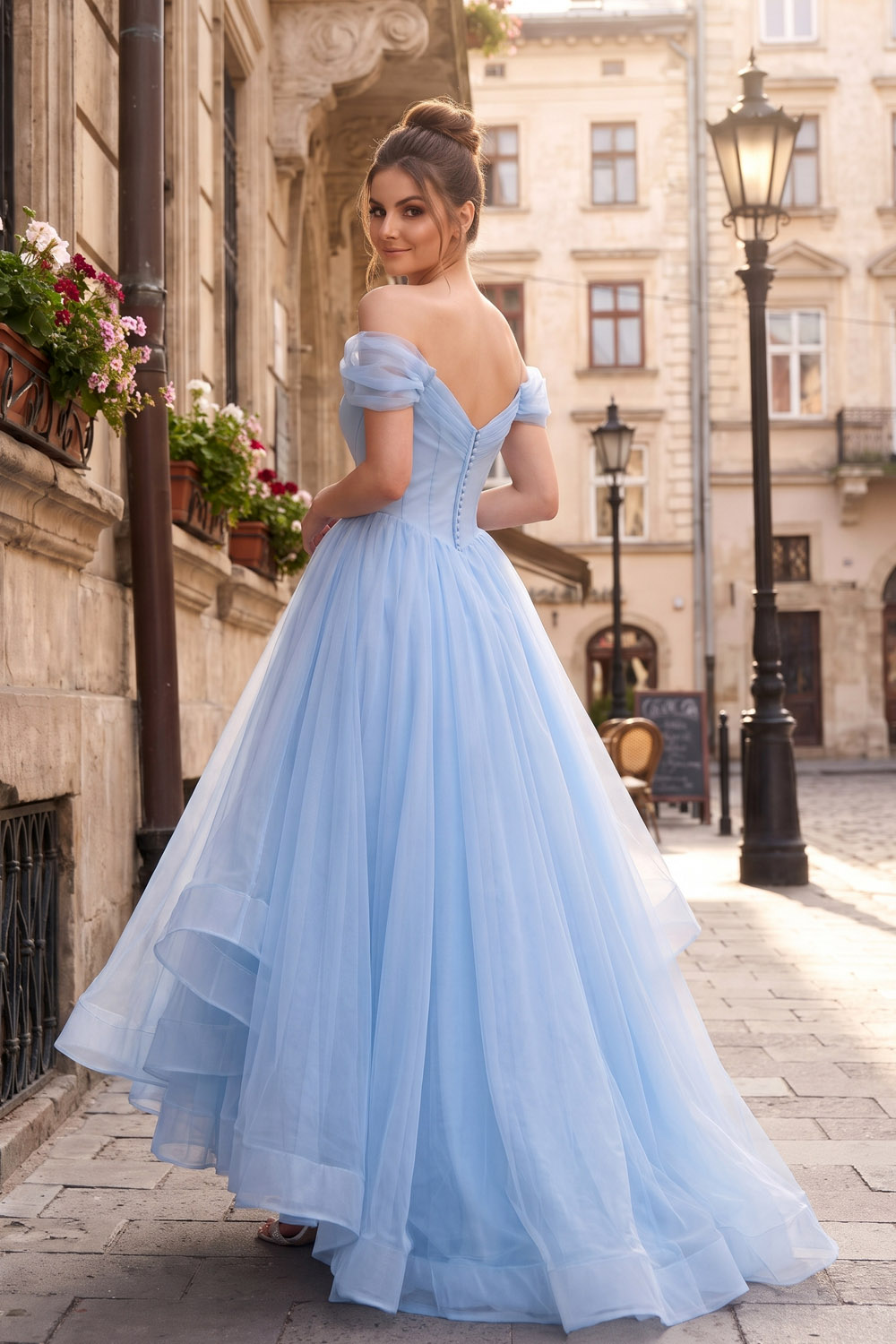 Blue Off Shoulder Puff Sleeve Organza A Line Prom Dress