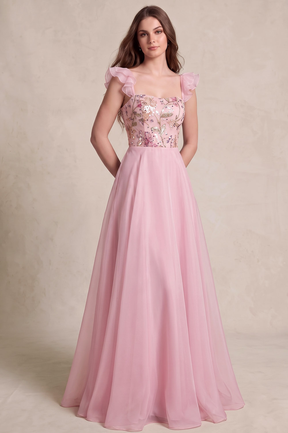 Pink Ruffle Strap Sequin Embroidered A Line Gown