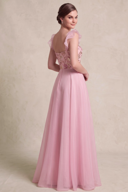 Pink Ruffle Strap Sequin Embroidered A Line Gown