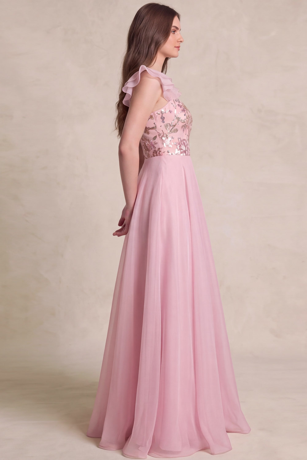 Pink Ruffle Strap Sequin Embroidered A Line Gown