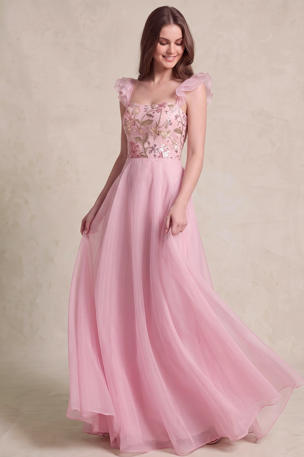 Pink Ruffle Strap Sequin Embroidered A Line Gown