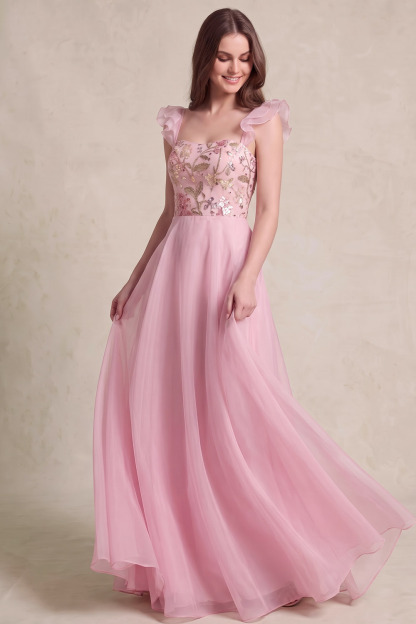 Pink Ruffle Strap Sequin Embroidered A Line Gown
