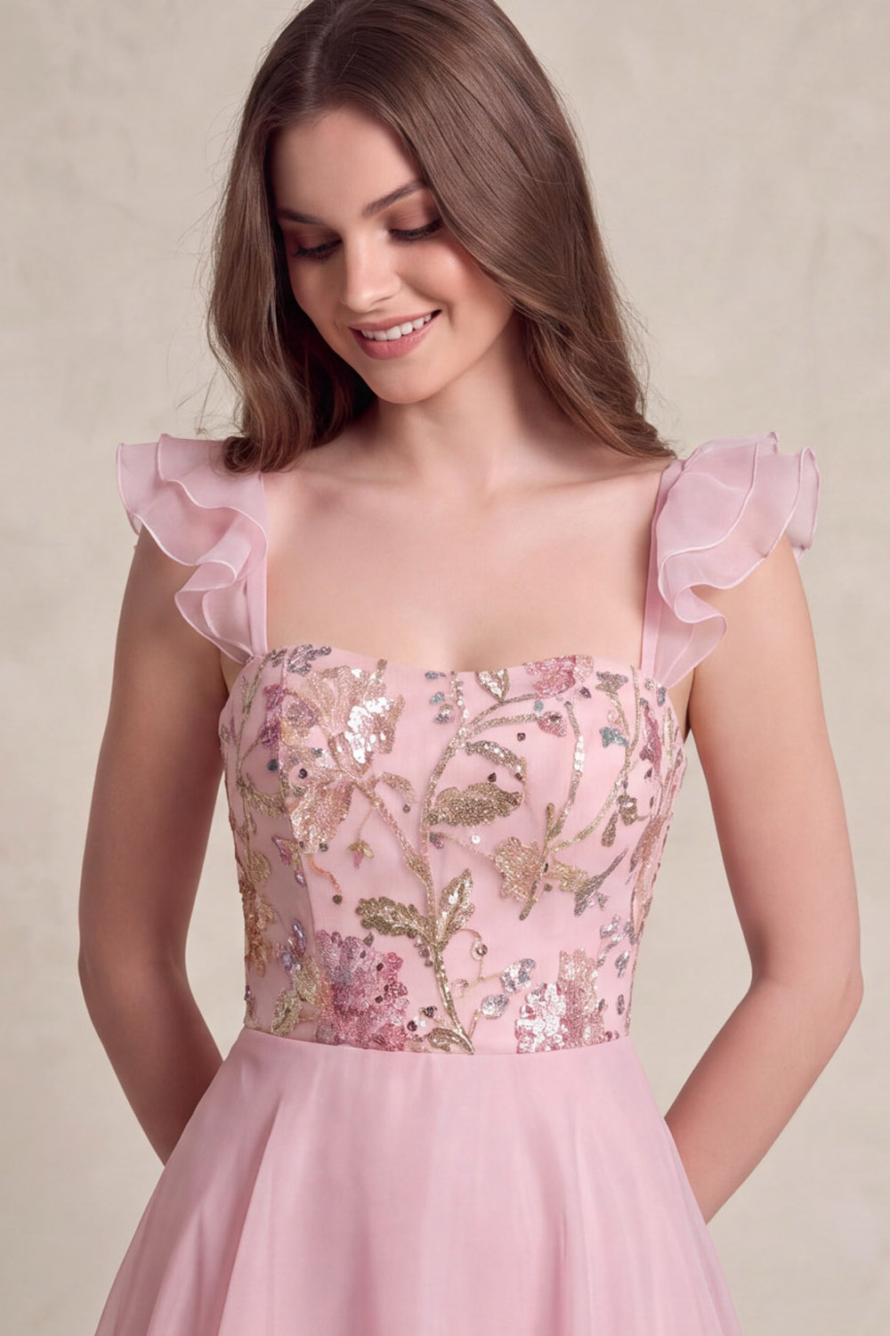 Pink Ruffle Strap Sequin Embroidered A Line Gown