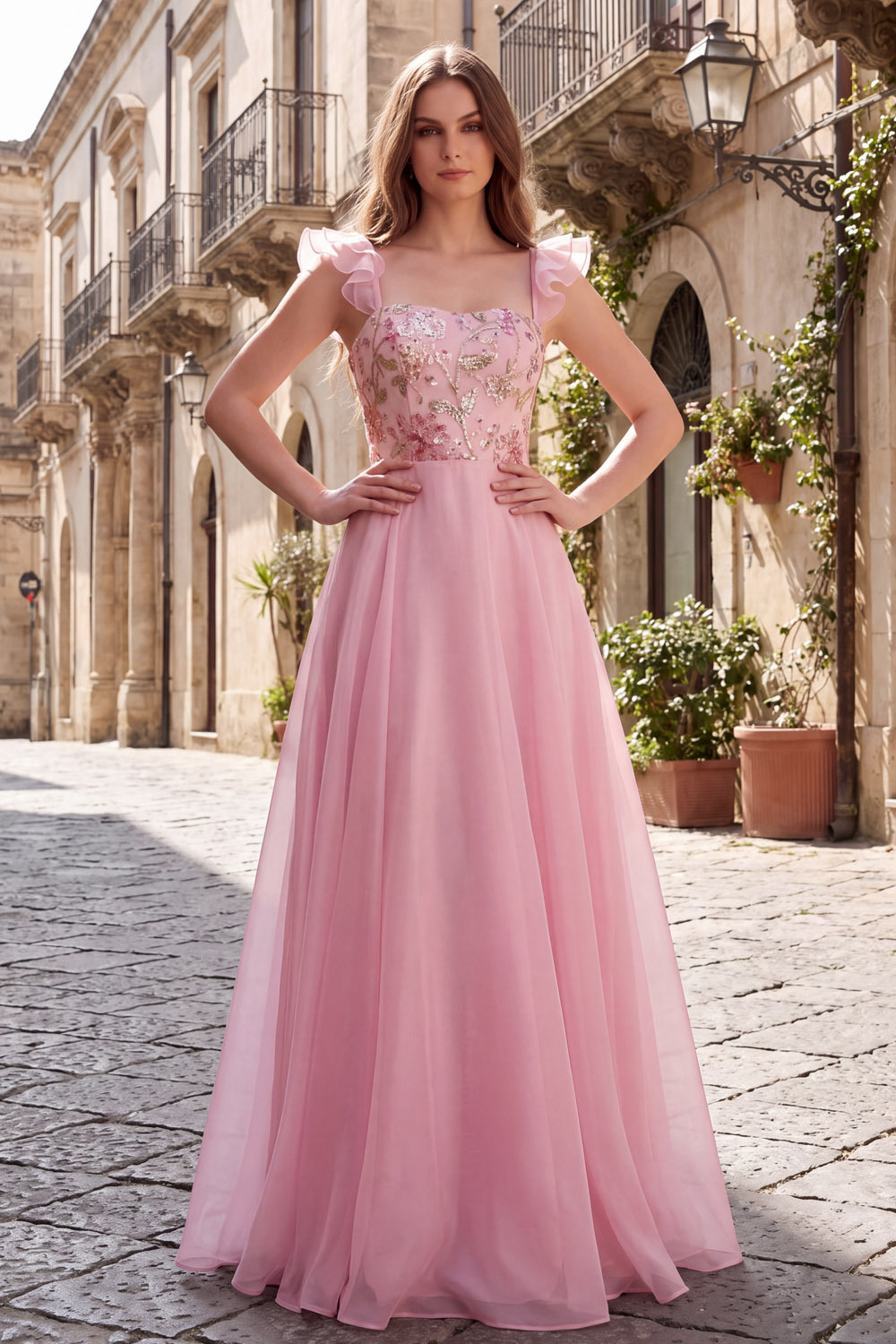 Pink Ruffle Strap Sequin Embroidered A Line Gown-chiclody