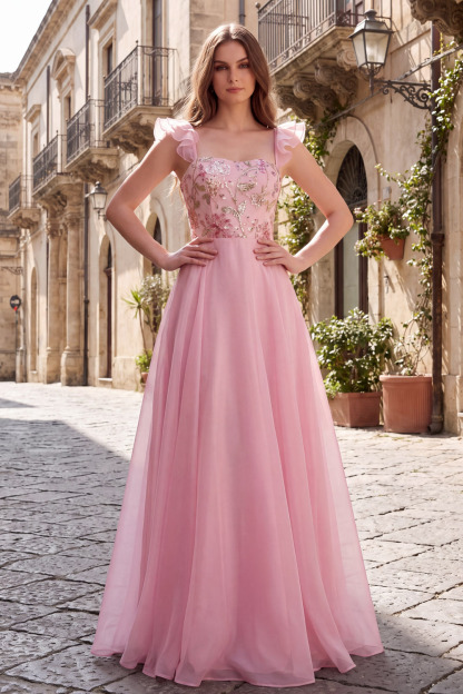 Pink Ruffle Strap Sequin Embroidered A Line Gown