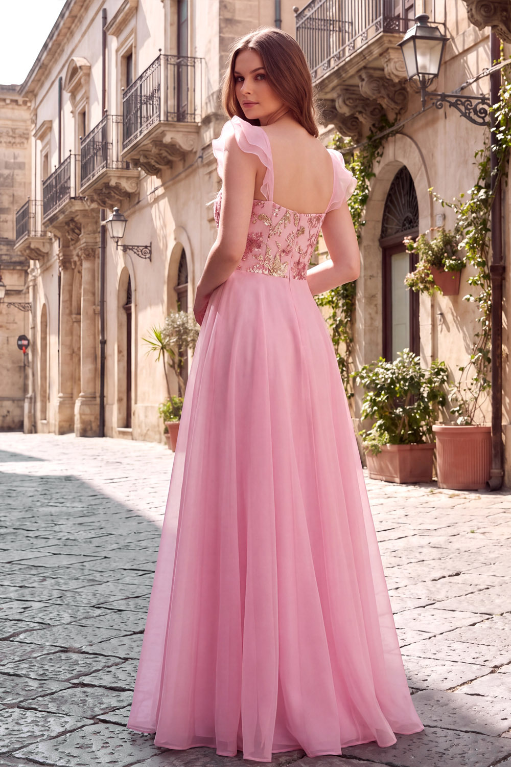 Pink Ruffle Strap Sequin Embroidered A Line Gown