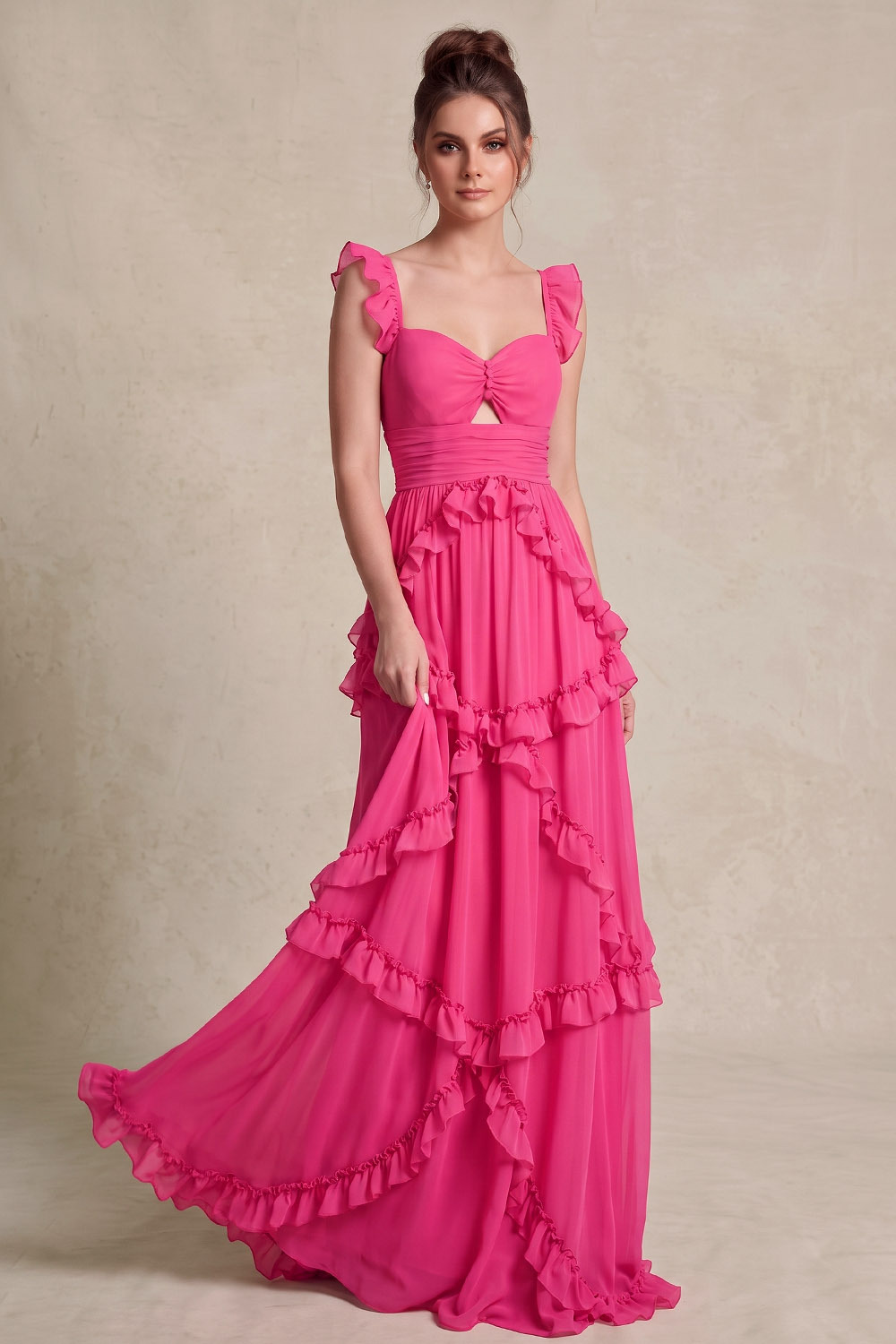 Fuchsia Ruffle Strap Asymmetric Ruffle Chiffon Prom Dress