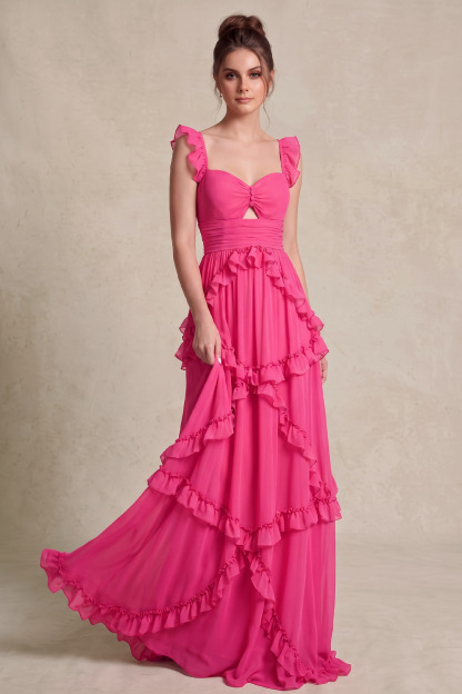 Fuchsia Ruffle Strap Asymmetric Ruffle Chiffon Prom Dress
