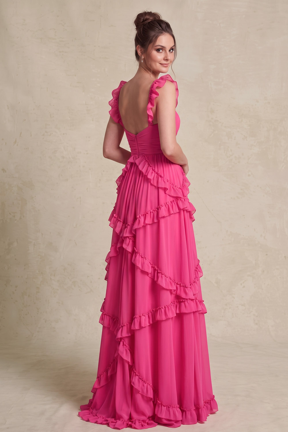 Fuchsia Ruffle Strap Asymmetric Ruffle Chiffon Prom Dress
