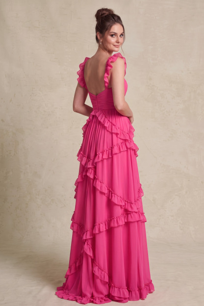Fuchsia Ruffle Strap Asymmetric Ruffle Chiffon Prom Dress