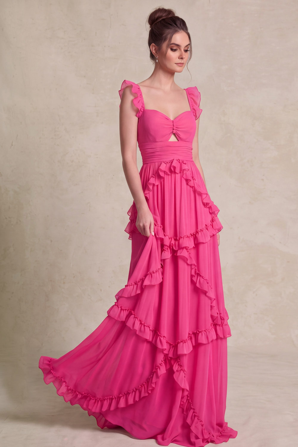 Fuchsia Ruffle Strap Asymmetric Ruffle Chiffon Prom Dress