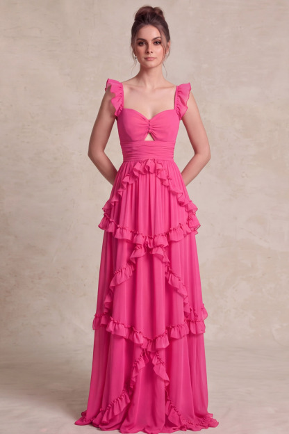 Fuchsia Ruffle Strap Asymmetric Ruffle Chiffon Prom Dress