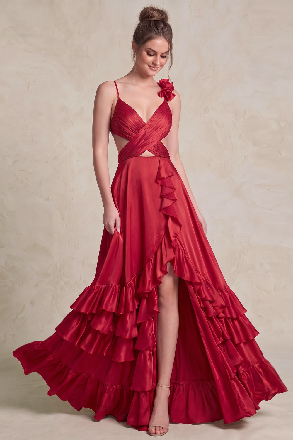 Red Cross Wrap Cutout Ruffle Satin Prom Dress