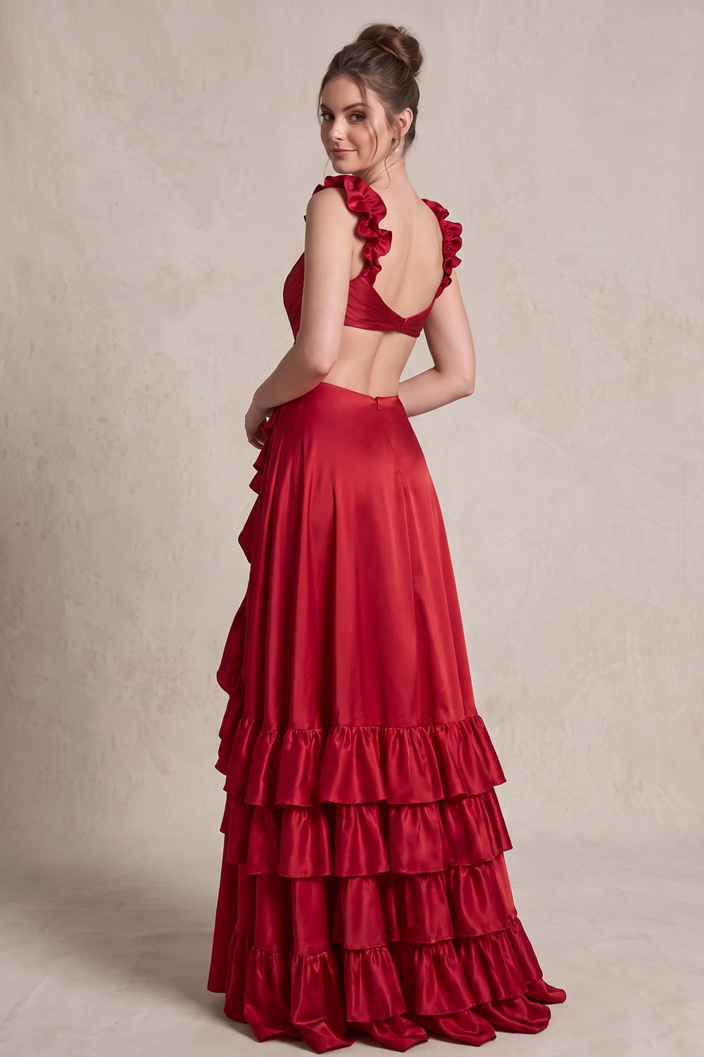 Red Cross Wrap Cutout Ruffle Satin Prom Dress