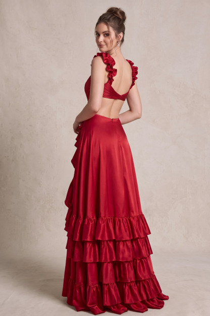 Red Cross Wrap Cutout Ruffle Satin Prom Dress