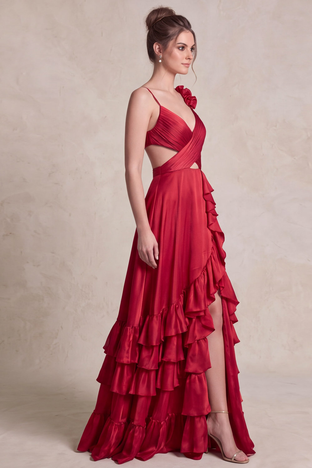 Red Cross Wrap Cutout Ruffle Satin Prom Dress
