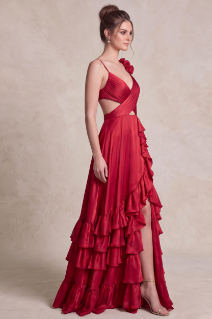 Red Cross Wrap Cutout Ruffle Satin Prom Dress