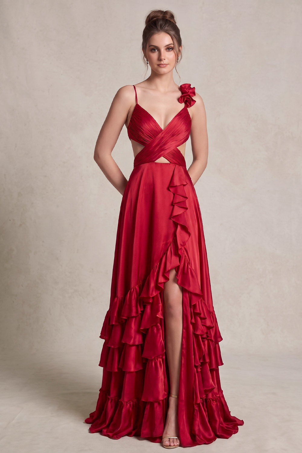 Red Cross Wrap Cutout Ruffle Satin Prom Dress