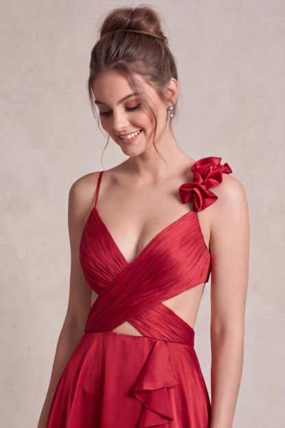 Red Cross Wrap Cutout Ruffle Satin Prom Dress