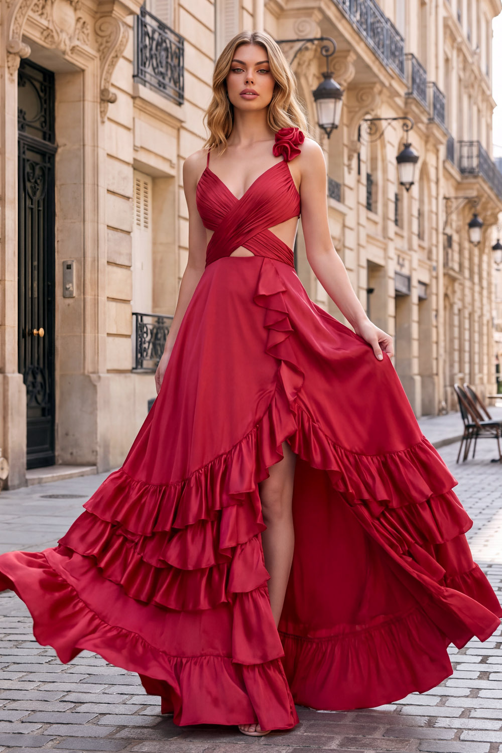 Red Cross Wrap Cutout Ruffle Satin Prom Dress-chiclody